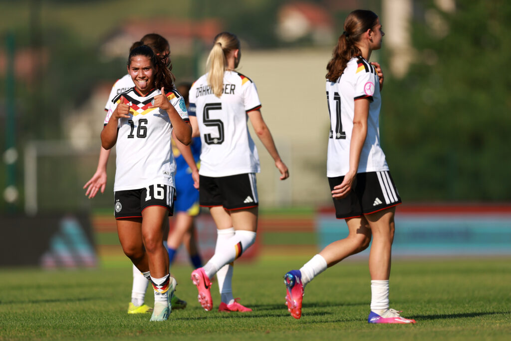 Bosnia and Herzegovina v Germany - UEFA Women's European Under-19 Championship 2026 Group A

ZENICA, BOSNIA AND HERZEGOVINA - JUNE 27: Paula Rintzner of Germany celebrates scoring her team's first goal during the UEFA Women's European Under-19 Championship 2026 match between Bosnia and Herzegovina and Germany on June 27, 2026 in Zenica, Bosnia and Herzegovina. (Photo by Judit Cartiel - UEFA/UEFA via Getty Images)