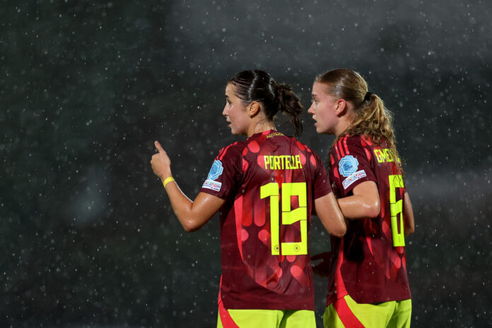 Poland v Germany - UEFA Women's European Under-19 Championship 2026 Group A SARAJEVO, BOSNIA AND HERZEGOVINA - JUNE 30: Laila Portella of Germany and Marie Gmeineder of Germany react during the UEFA Women's European Under-19 Championship 2026 match between Poland and Germany on June 30, 2026 in Sarajevo, Bosnia and Herzegovina. (Photo by Judit Cartiel - UEFA/UEFA via Getty Images)